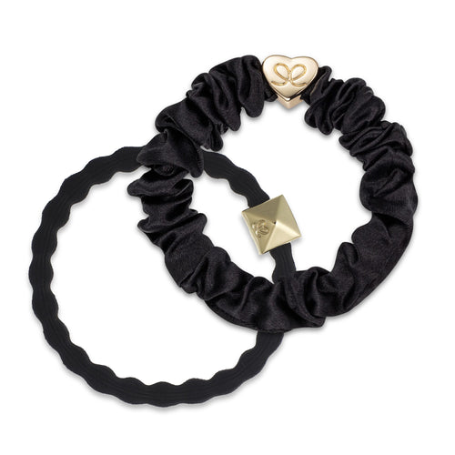 Black & Gold Silk Scrunchie & Stud Bangle Band Set