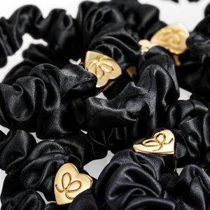 Silk Scrunchie Gold Heart - Black