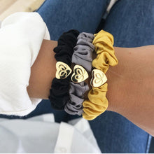 Load image into Gallery viewer, Silk Scrunchie Gold Heart - Black