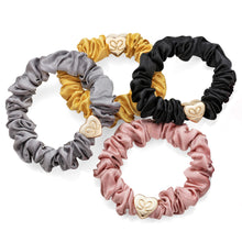 Load image into Gallery viewer, Silk Scrunchie Gold Heart - Black