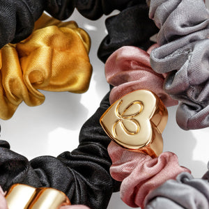 Silk Scrunchie Gold Heart - Grey